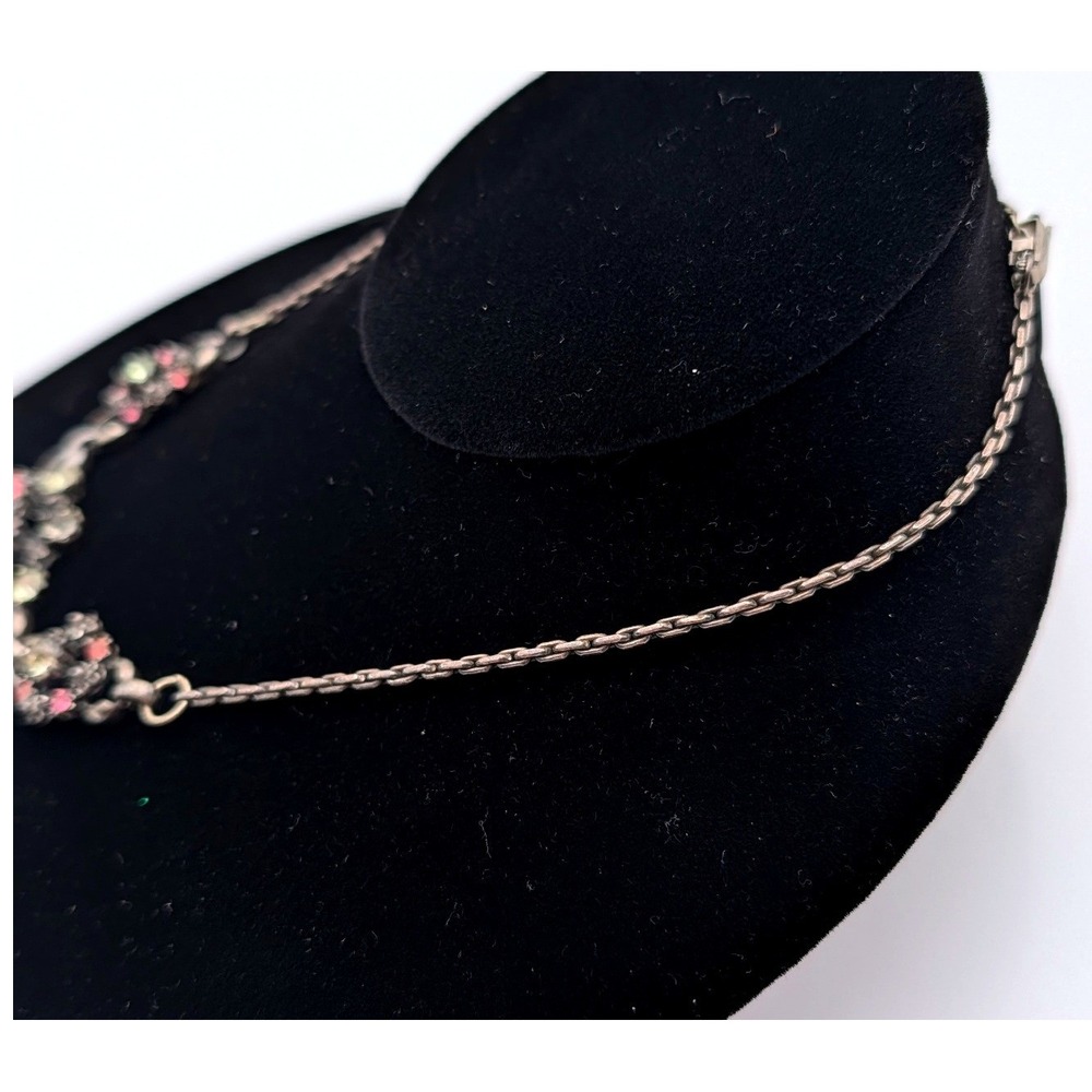 Vintage Coro Faux Opal Rhinestone Necklace Pink Green Floral Silver Tone Retro - Picture 6 of 8